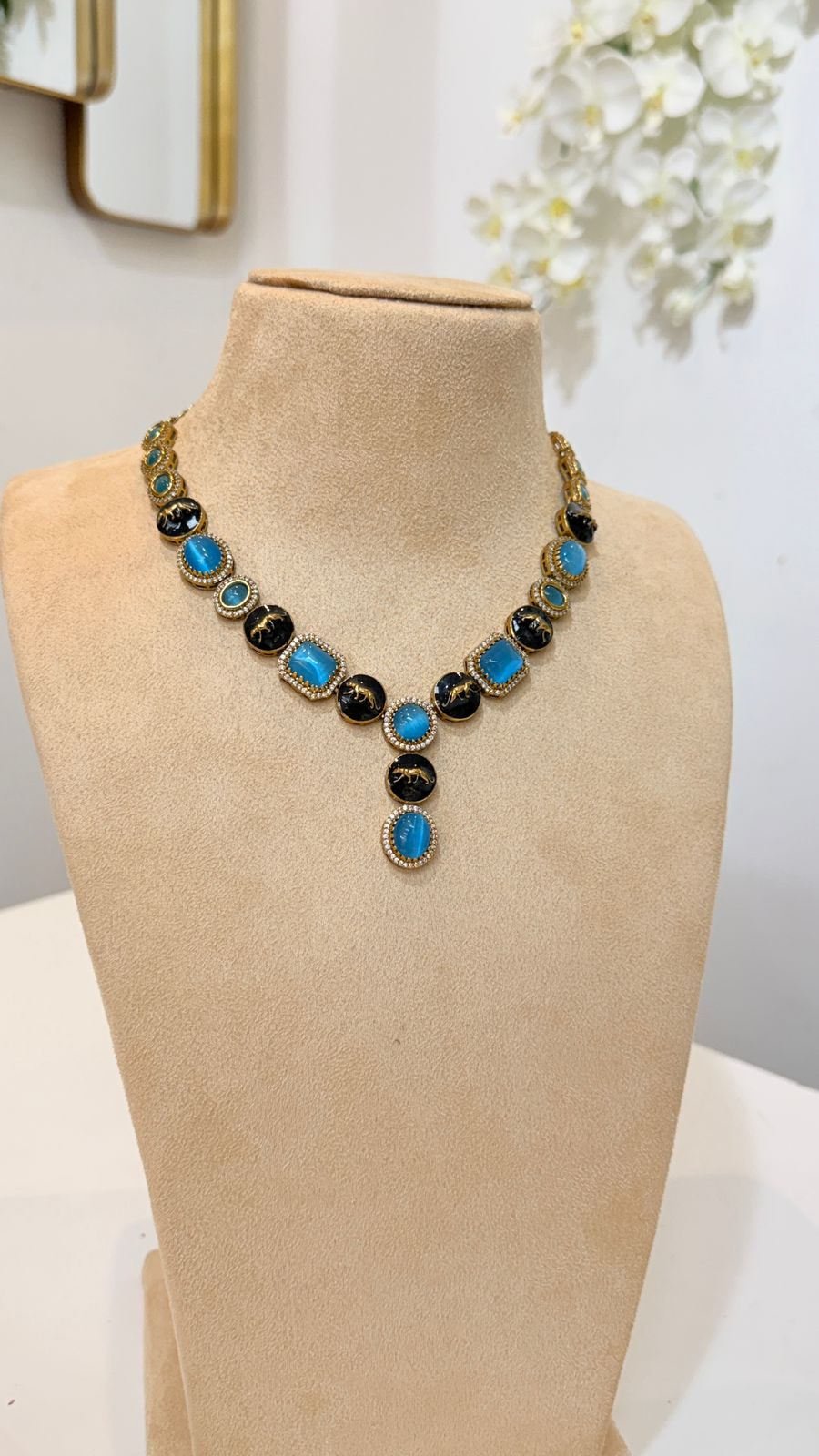 Turquoise Black Stone Necklace Set with Matching Earrings
