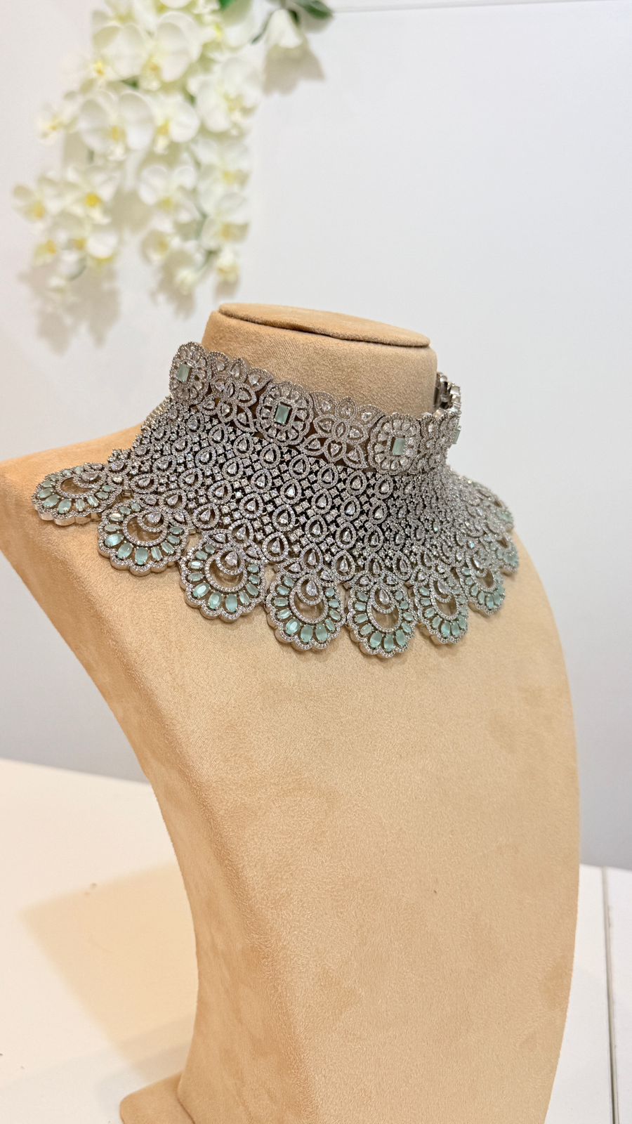 Mint Silver Lace Choker Set with Matching Statement Earrings