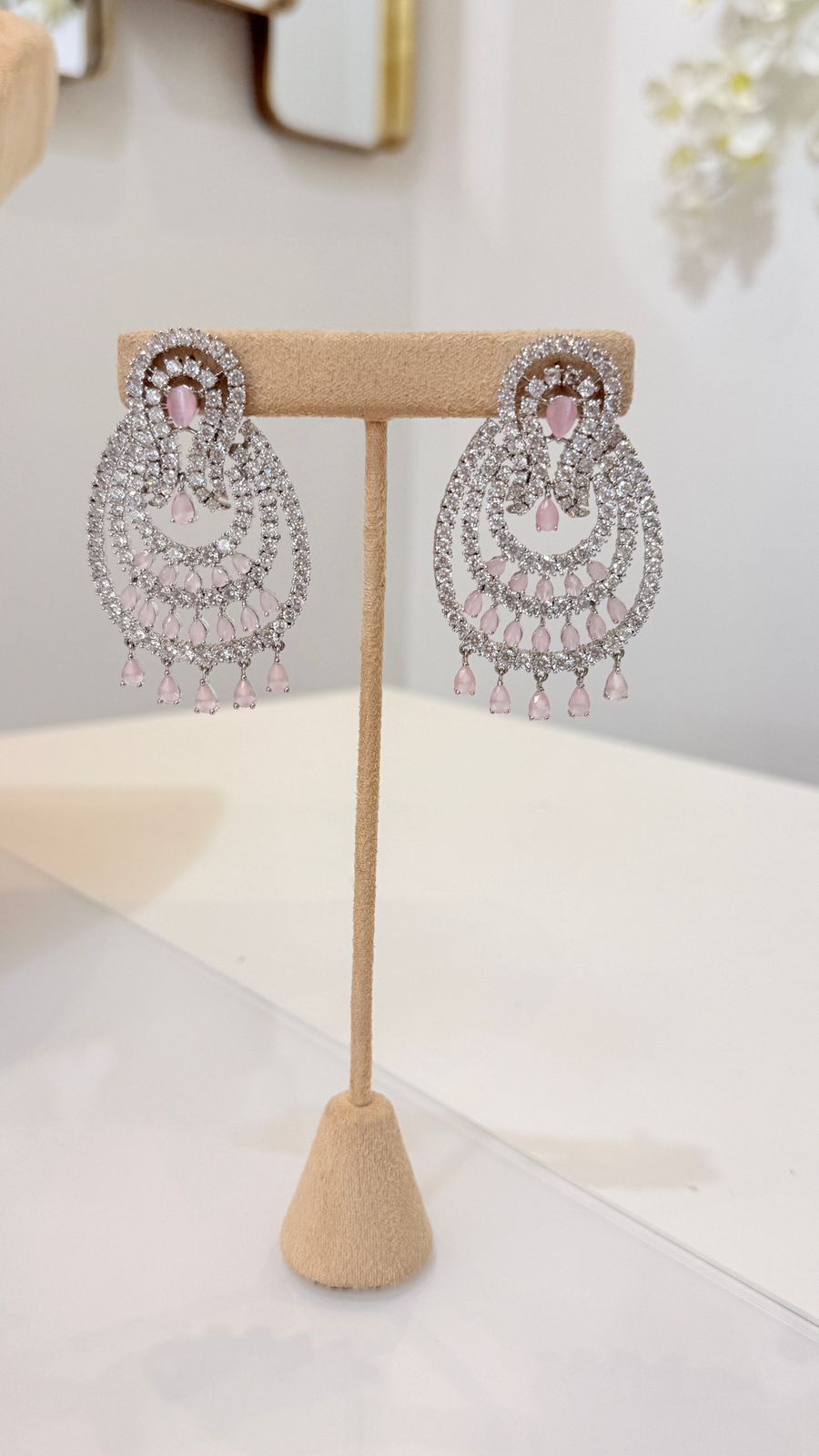 Blush Pink Silver Layered Necklace Set with Matching Chandelier Earrings