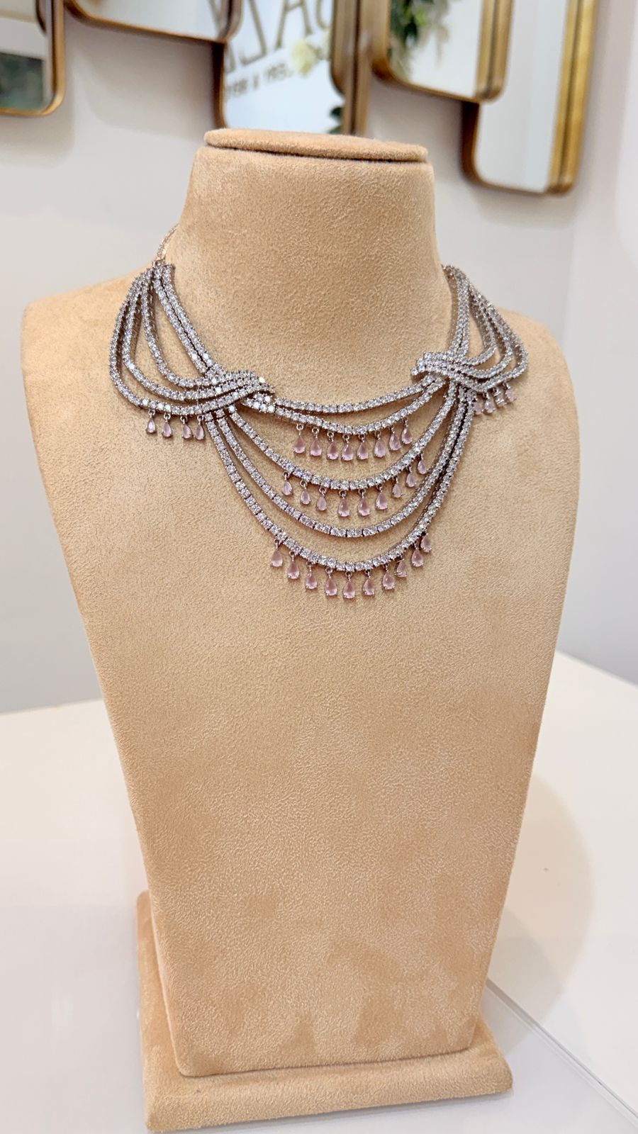 Blush Pink Silver Layered Necklace Set with Matching Chandelier Earrings