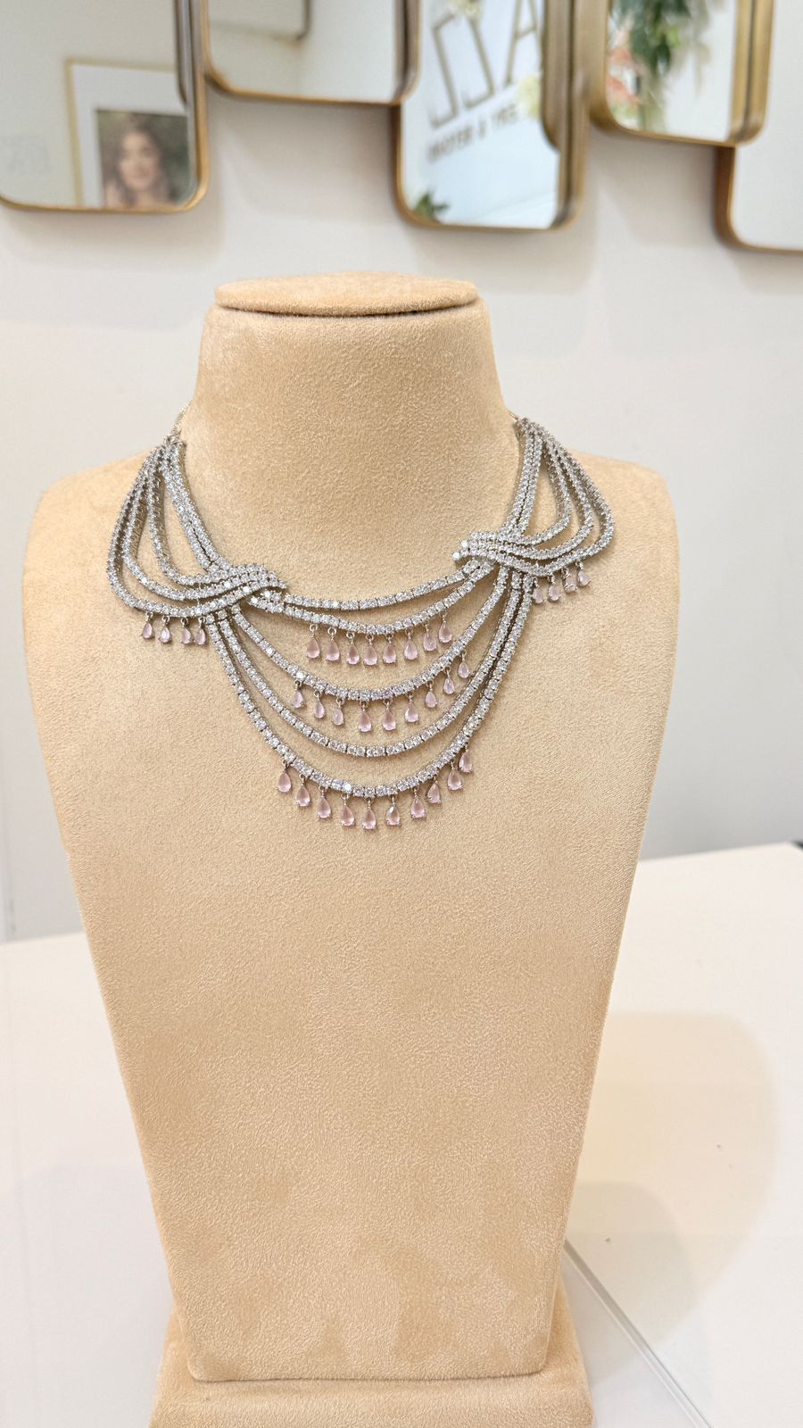 Blush Pink Silver Layered Necklace Set with Matching Chandelier Earrings