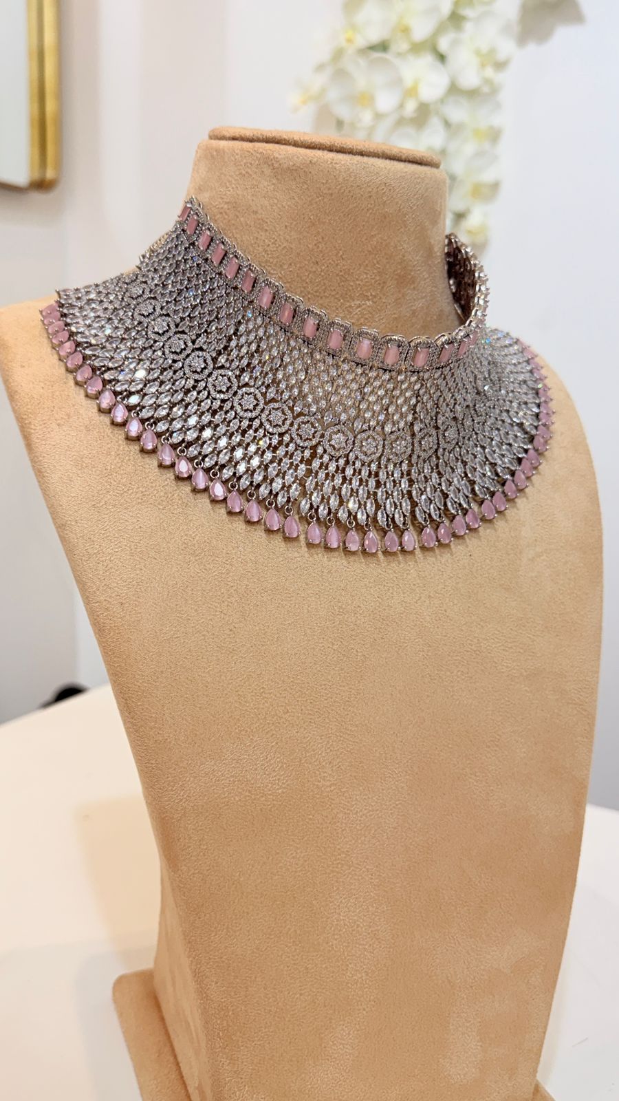 Blush Pink Silver Mesh Choker Set with Jhumka Earrings and Tikka