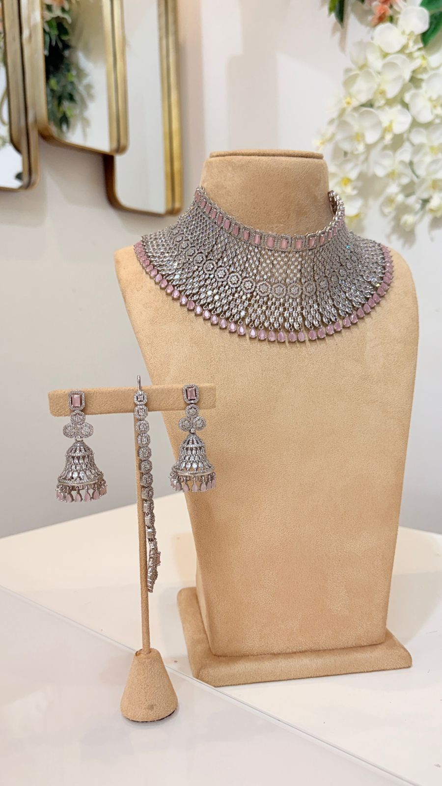 Blush Pink Silver Mesh Choker Set with Jhumka Earrings and Tikka