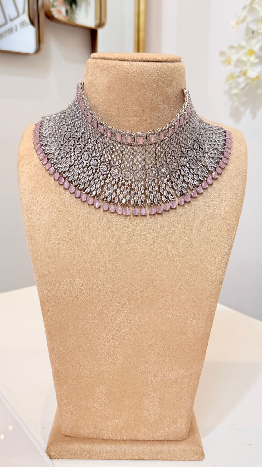 Blush Pink Silver Mesh Choker Set with Jhumka Earrings and Tikka
