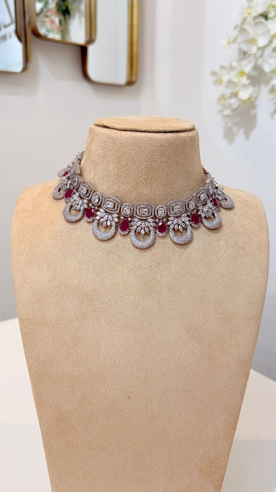Ruby Pink Silver Crystal Choker Set with Matching Drop Earrings