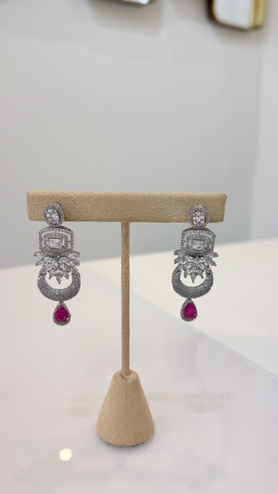 Ruby Pink Silver Crystal Choker Set with Matching Drop Earrings