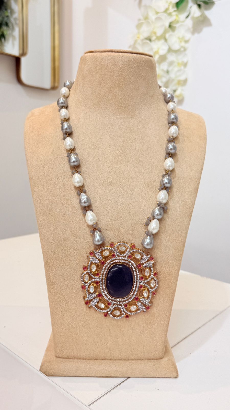 Grey Pearl Necklace with Black Oval Statement Pendant