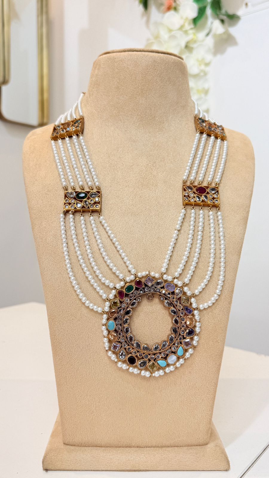 Multi-Layer Pearl Necklace with Multicolour Mirror Pendant