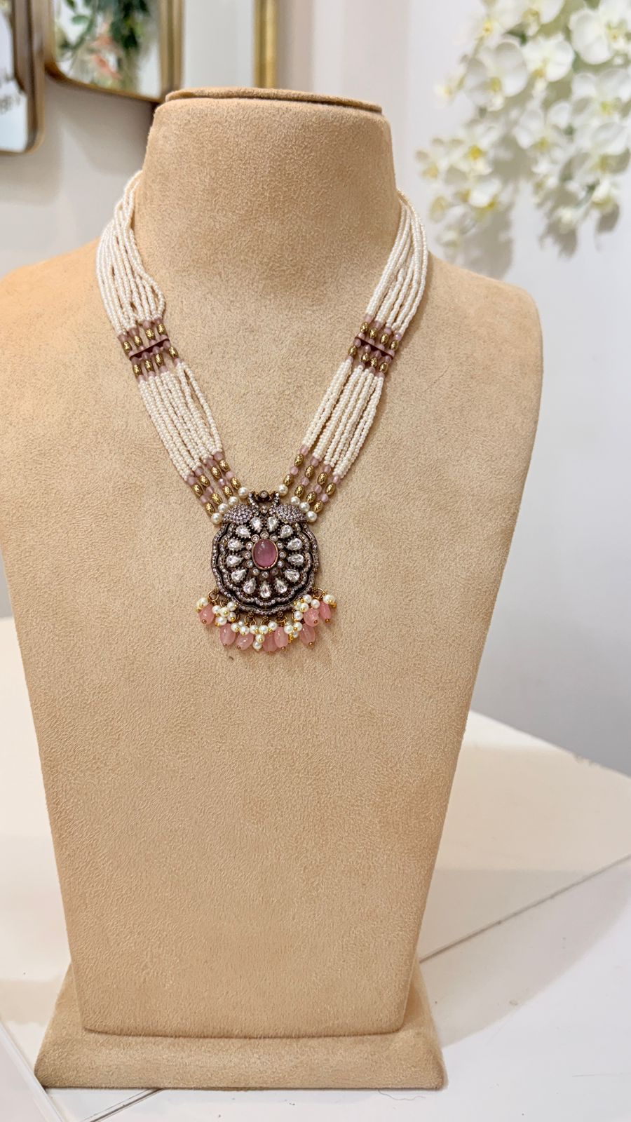 Blush Pink Pearl Beaded Necklace Set with Antique Pendant Earrings