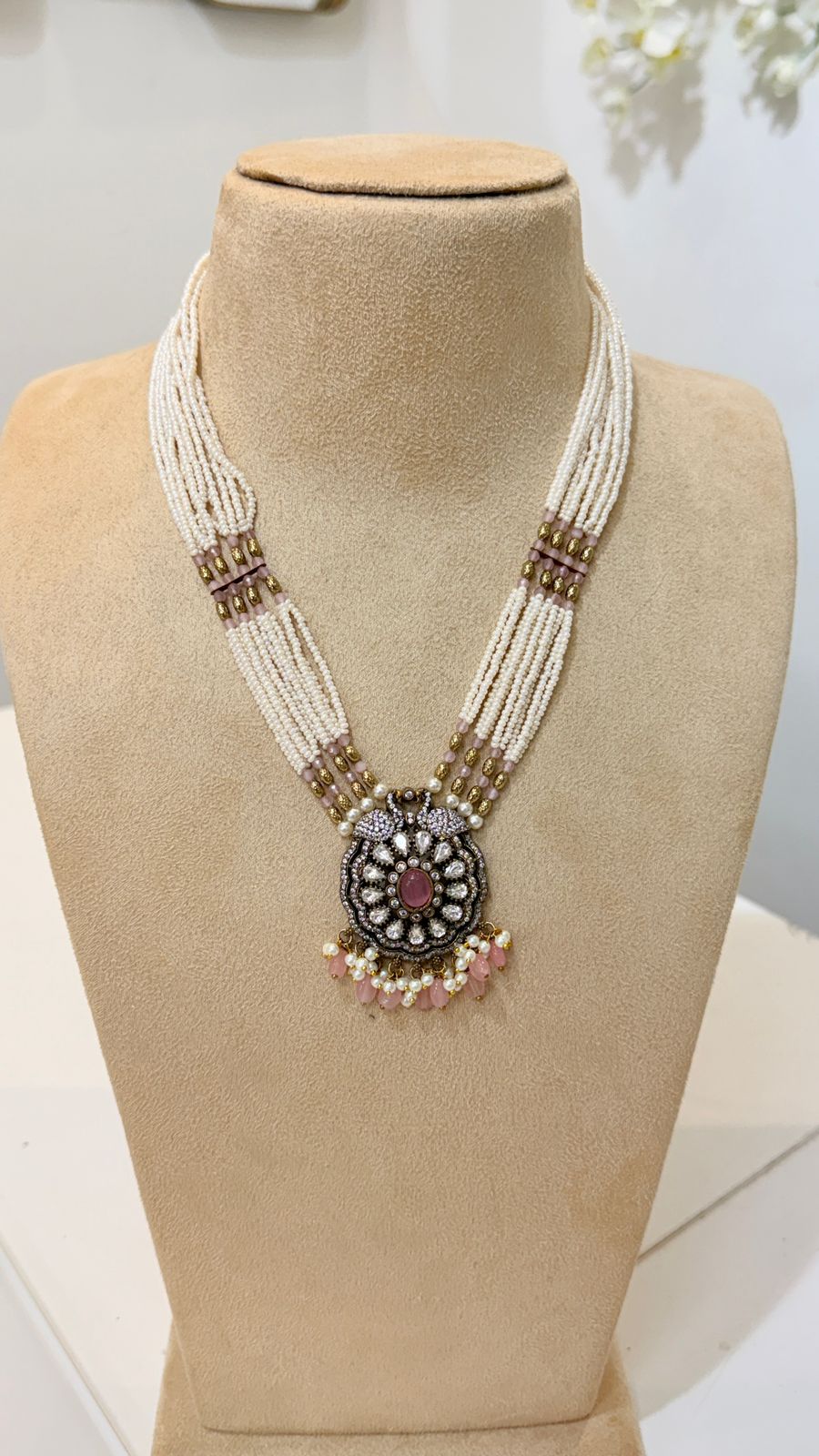 Blush Pink Pearl Beaded Necklace Set with Antique Pendant Earrings