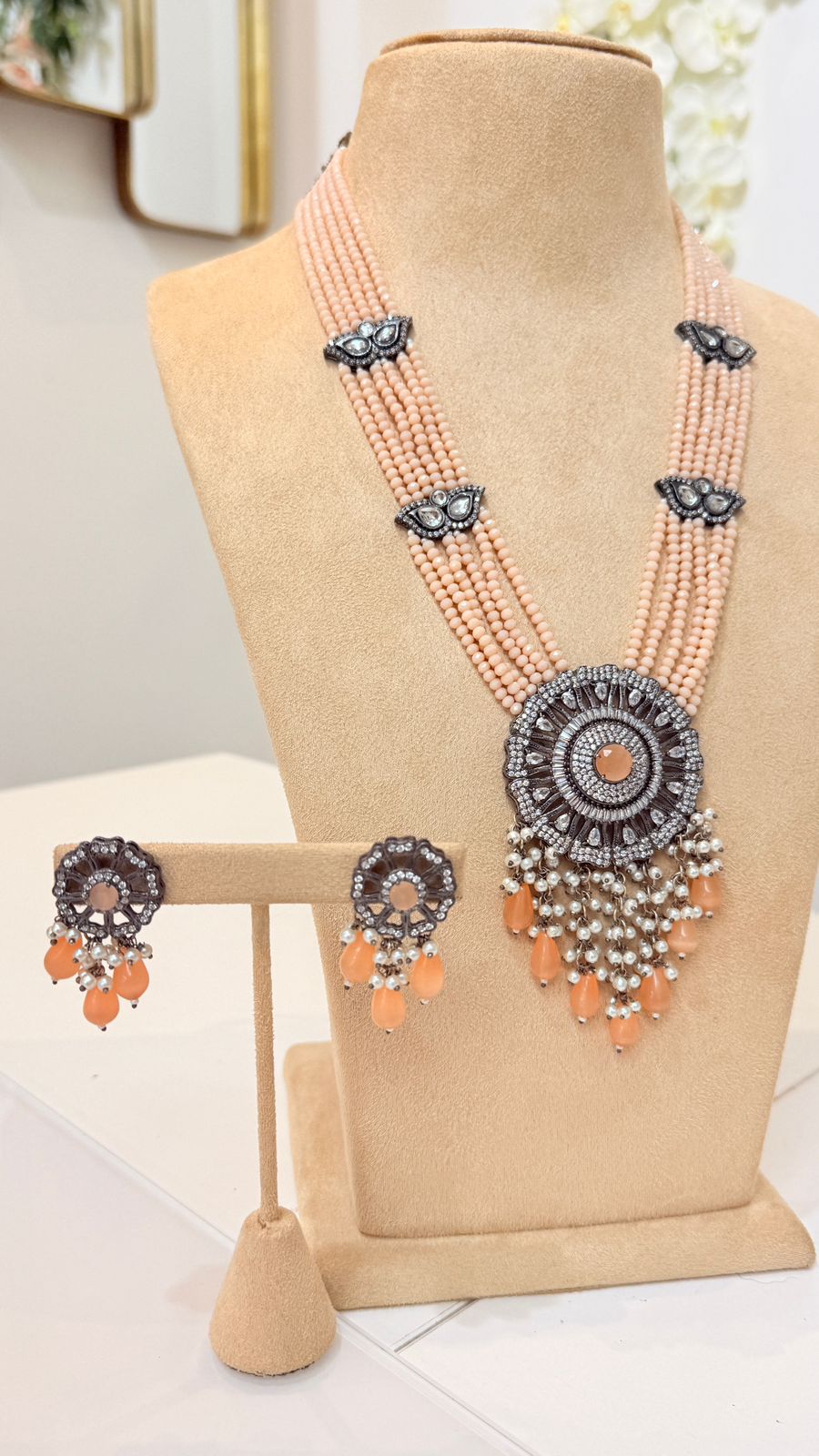 Peach Beaded Oxidised Pendant Necklace Set with Matching Earrings