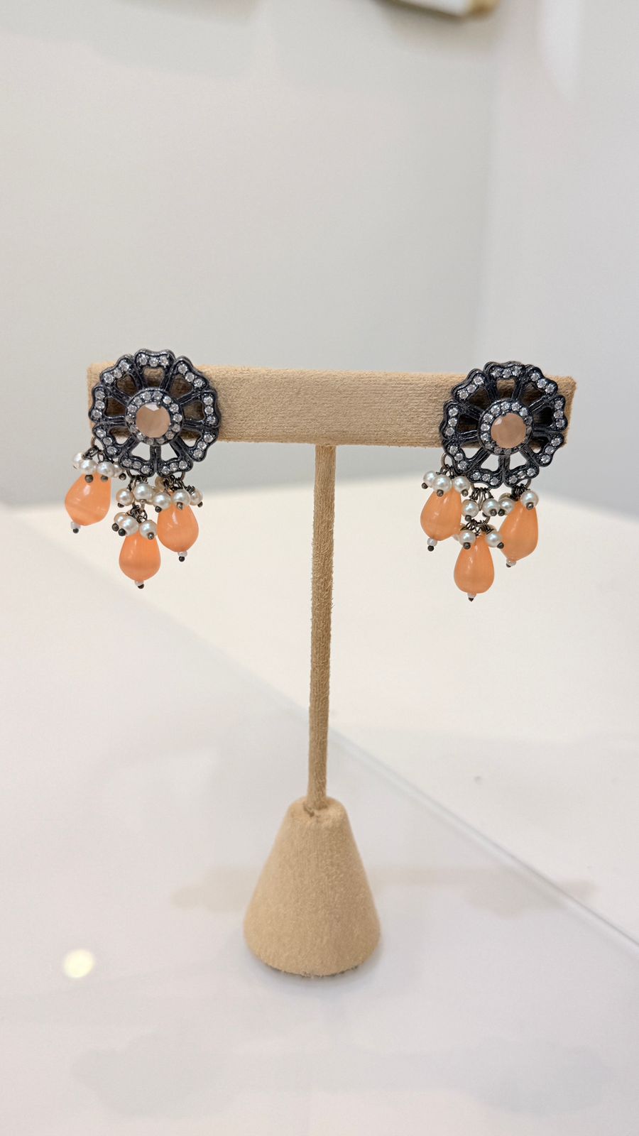 Peach Beaded Oxidised Pendant Necklace Set with Matching Earrings