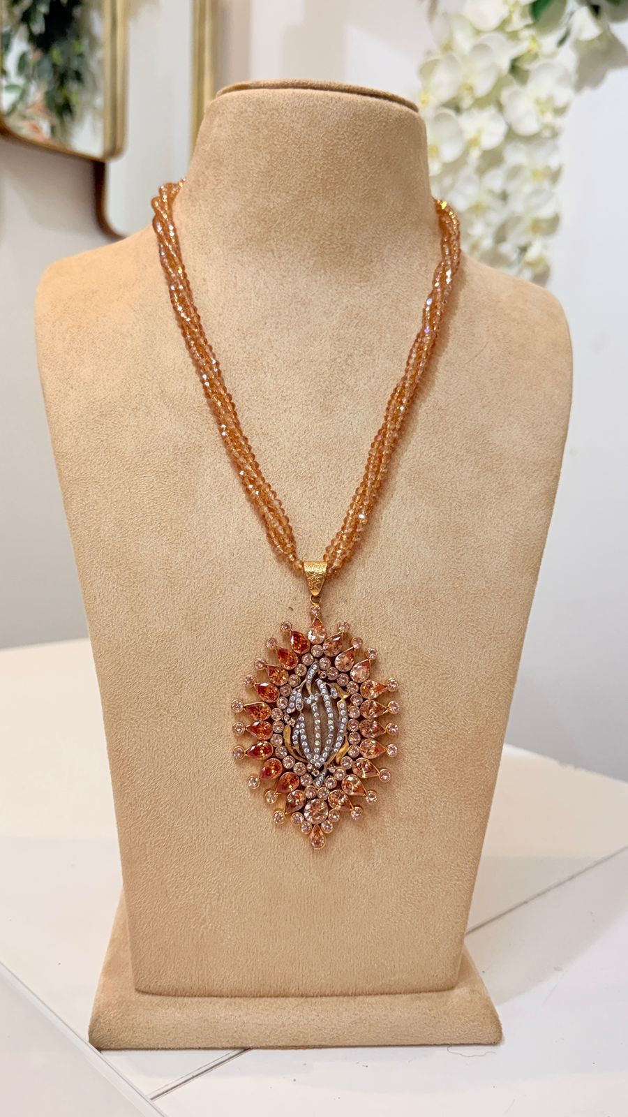 Champagne Beaded Necklace with Gold Teardrop Statement Pendant