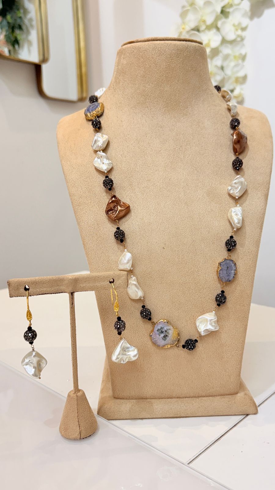 Baroque Pearl Black Bead Necklace Set with Matching Earrings