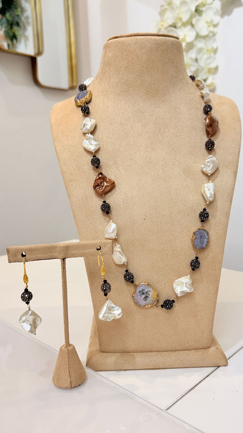 Baroque Pearl Black Bead Necklace Set with Matching Earrings