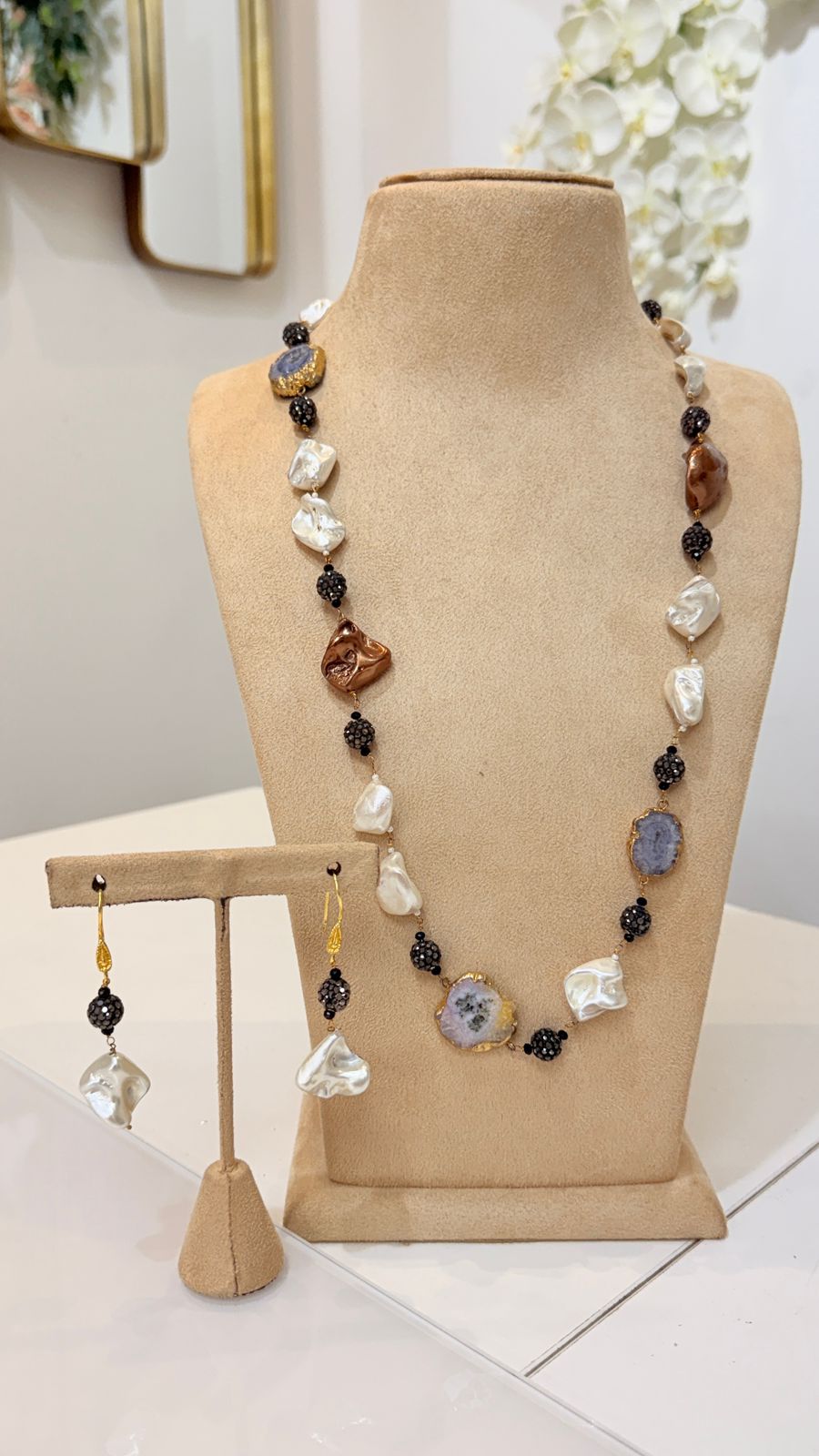 Baroque Pearl Black Bead Necklace Set with Matching Earrings