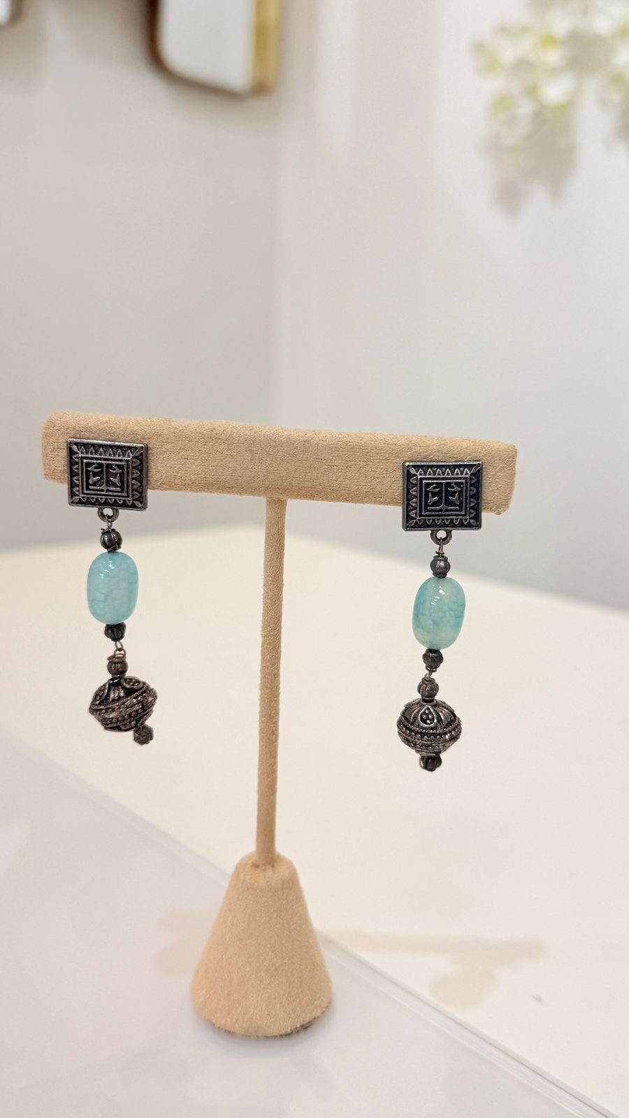 Aqua Blue Oxidised Tassel Necklace Set with Matching Earrings