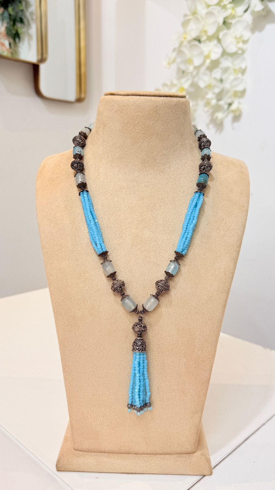 Aqua Blue Oxidised Tassel Necklace Set with Matching Earrings