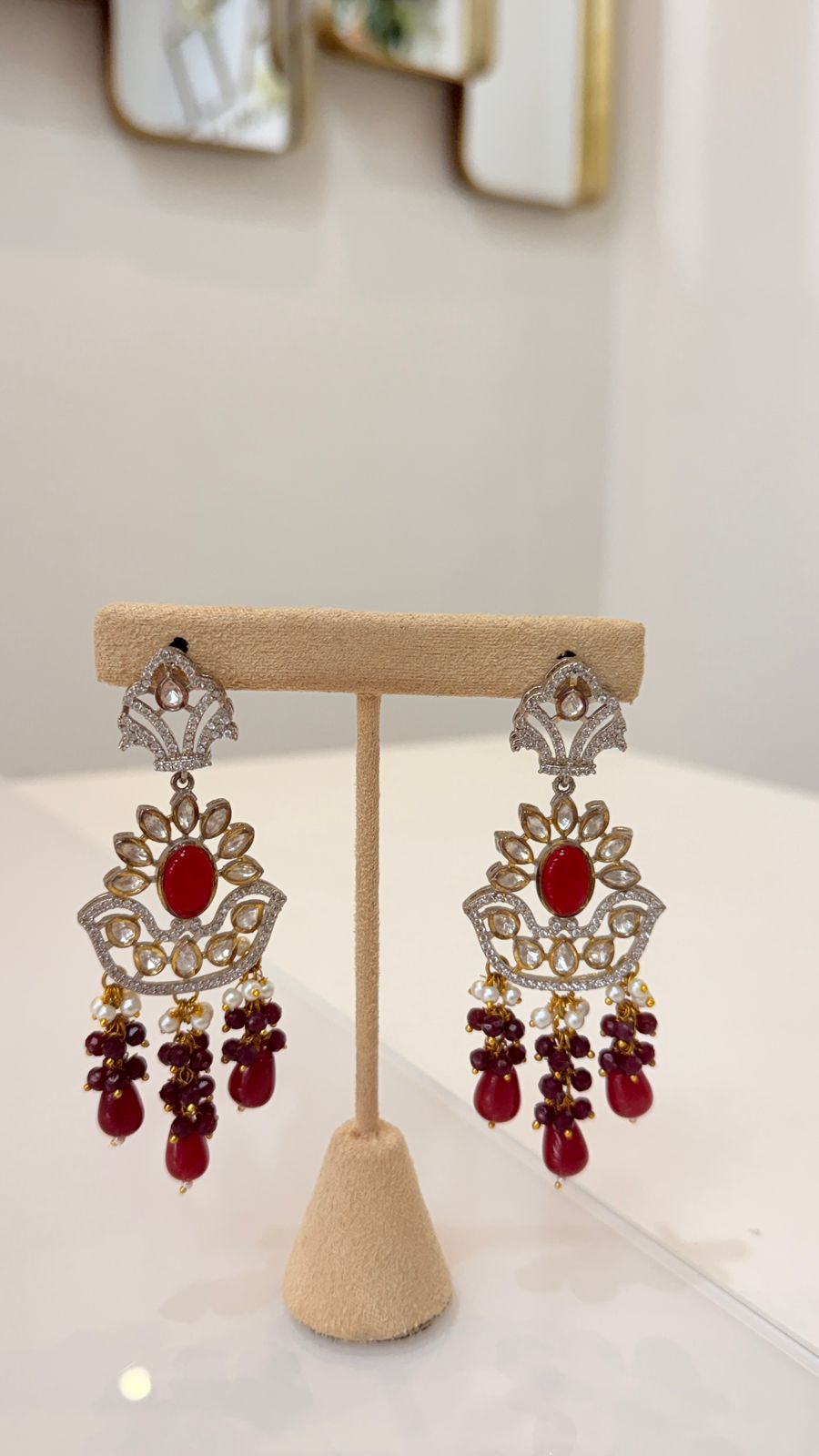 White Beaded Maroon Kundan Pendant Necklace Set with Matching Earrings