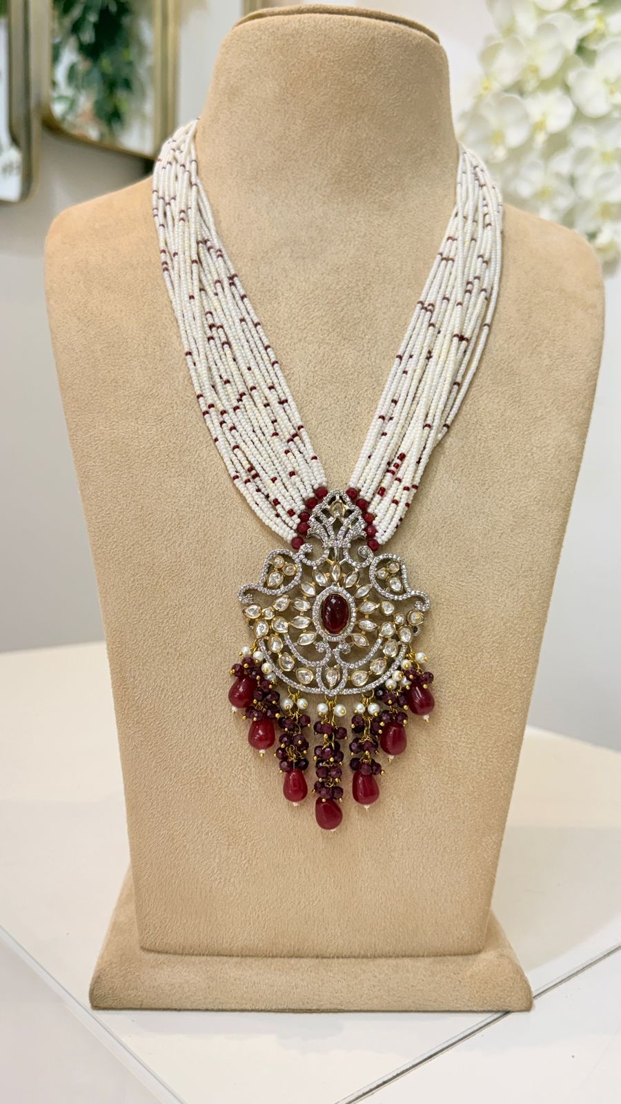 White Beaded Maroon Kundan Pendant Necklace Set with Matching Earrings