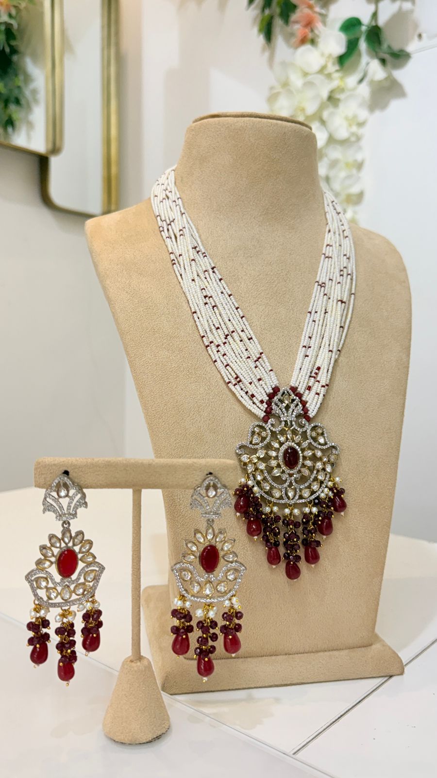 White Beaded Maroon Kundan Pendant Necklace Set with Matching Earrings
