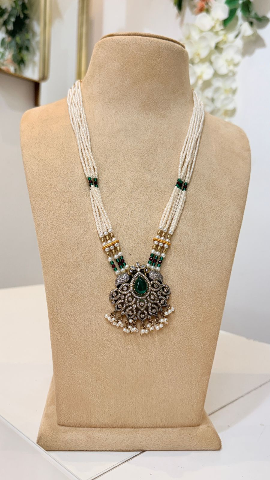 White Beaded Green Stone Pendant Necklace Set with Matching Earrings