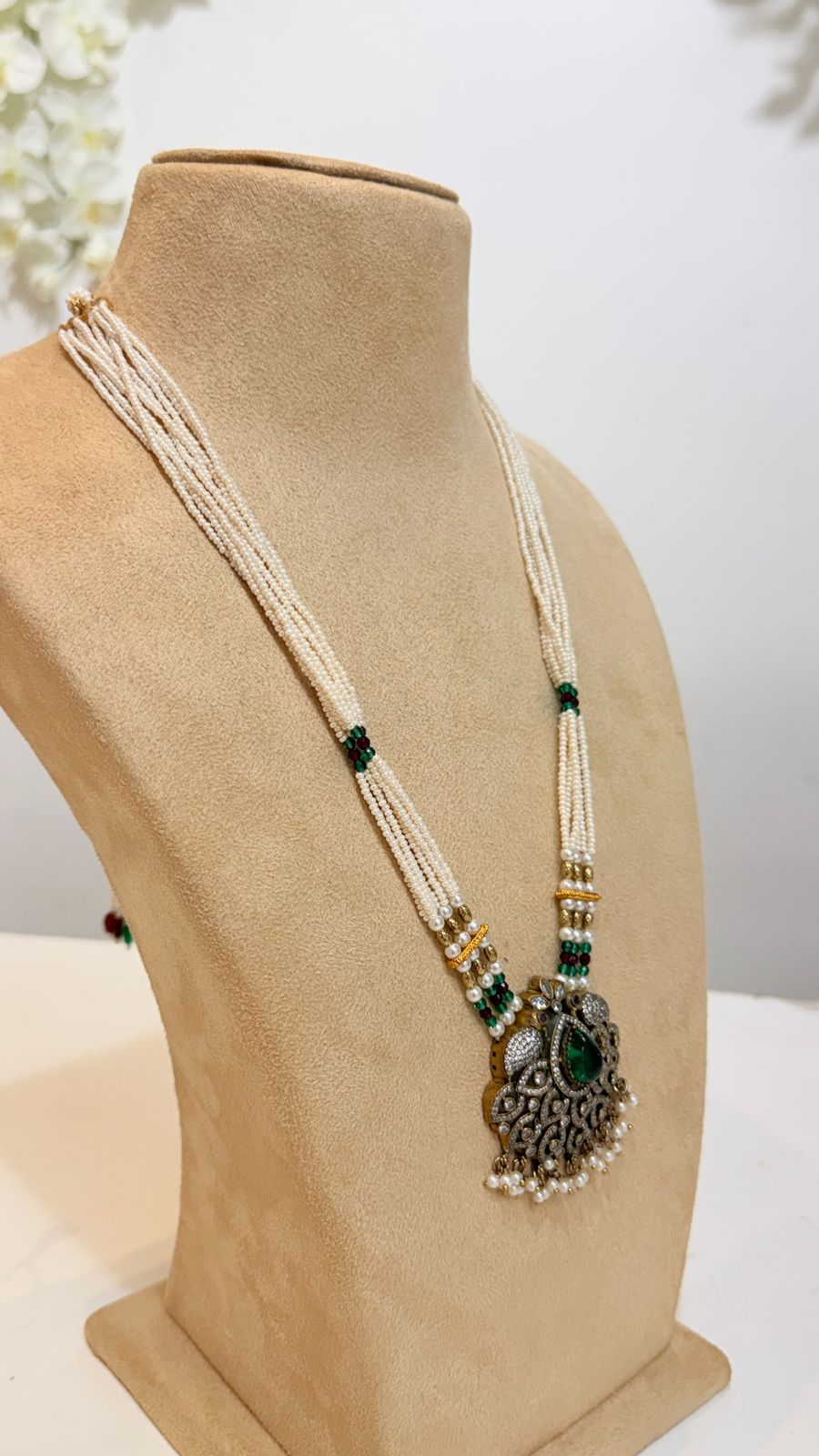 White Beaded Green Stone Pendant Necklace Set with Matching Earrings