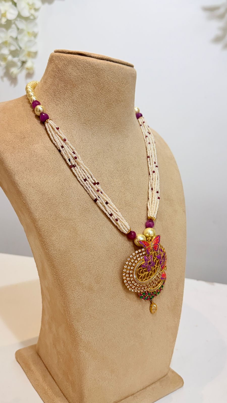 White Beaded Butterfly Charm Necklace with Colourful Floral Pendant