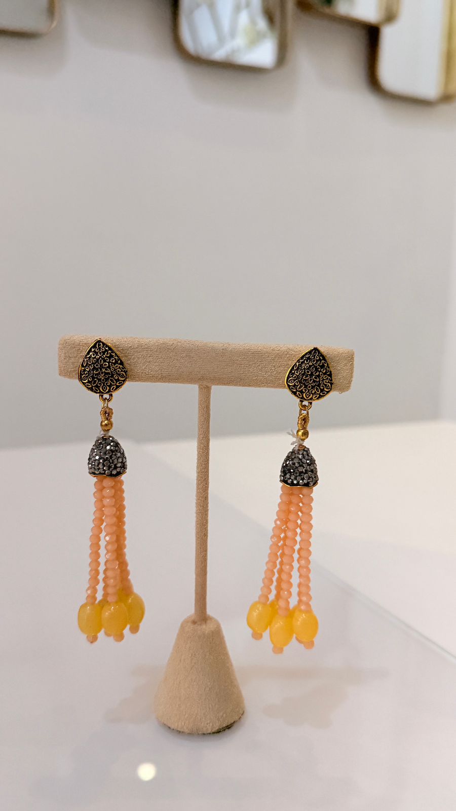 Peach Beaded Oxidised Tassel Necklace Set with Matching Earrings