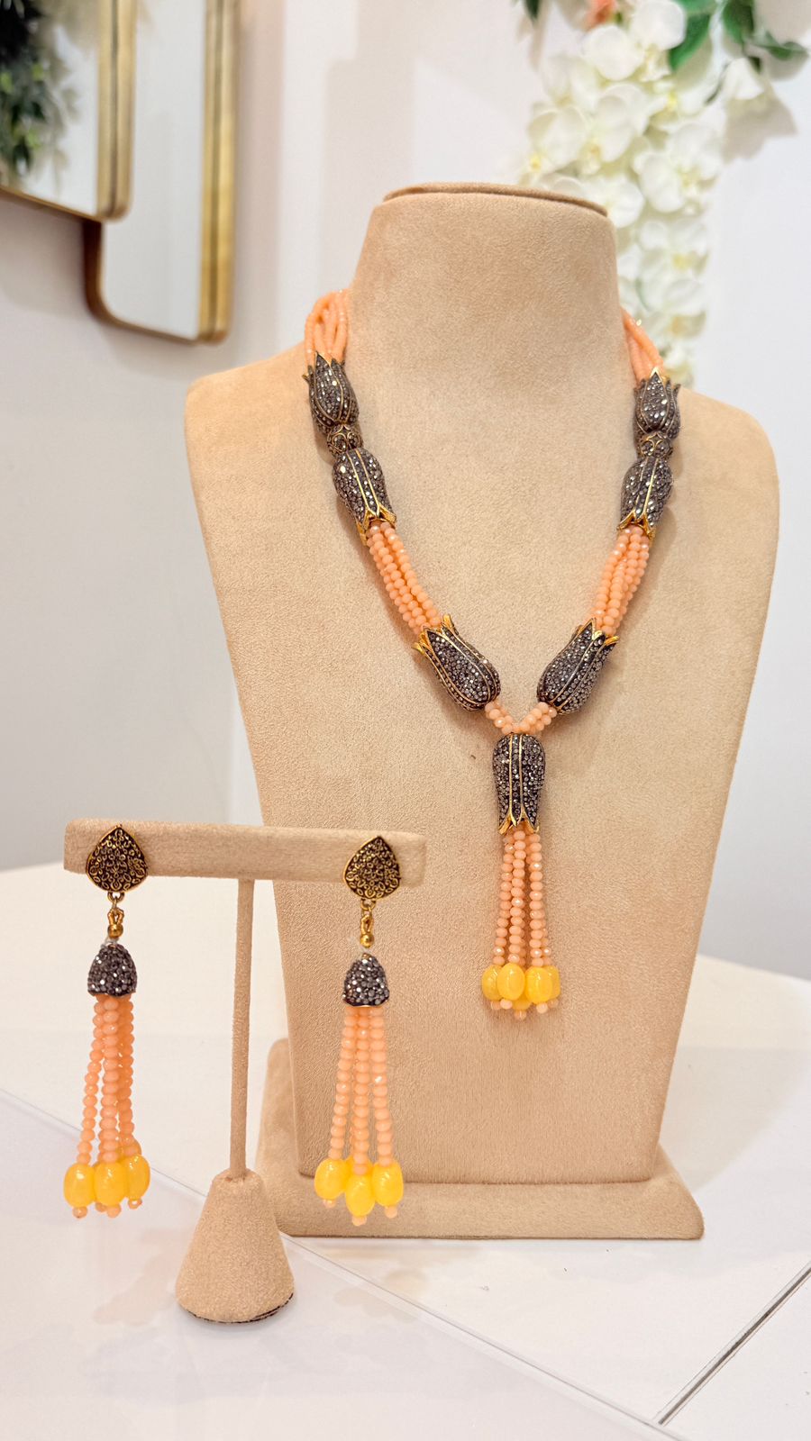Peach Beaded Oxidised Tassel Necklace Set with Matching Earrings