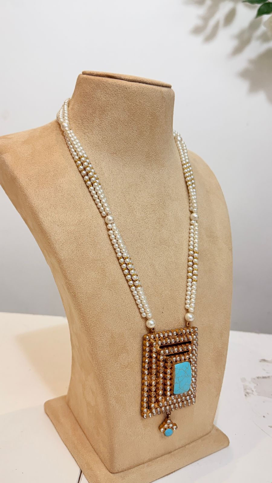 Turquoise Square Pendant Pearl Necklace Set with Long Drop Earrings