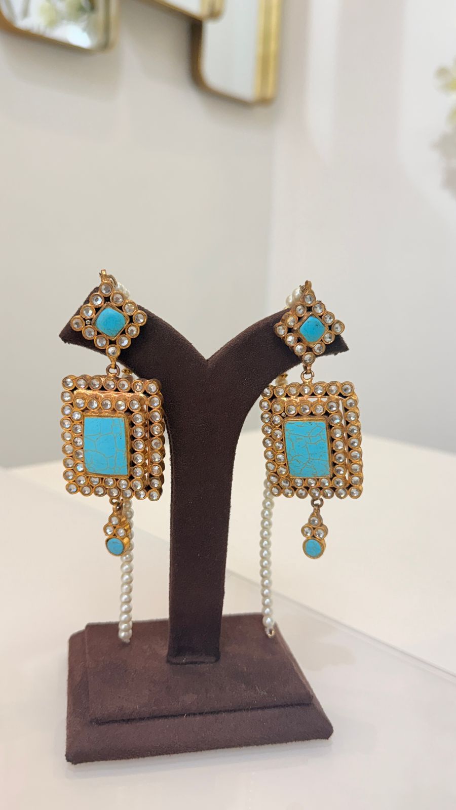 Turquoise Square Pendant Pearl Necklace Set with Long Drop Earrings