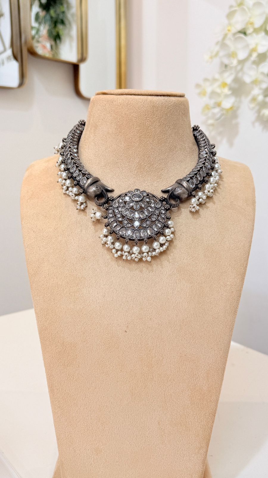 Oxidised Silver Pearl Choker Set with Floral Earrings