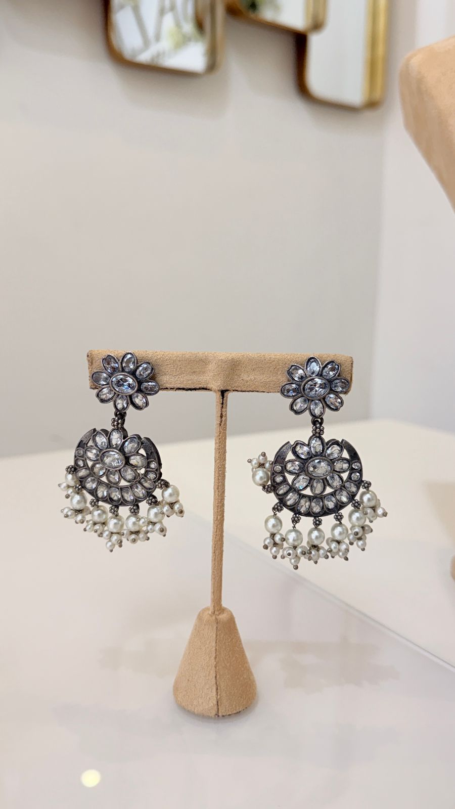 Oxidised Silver Pearl Choker Set with Floral Earrings