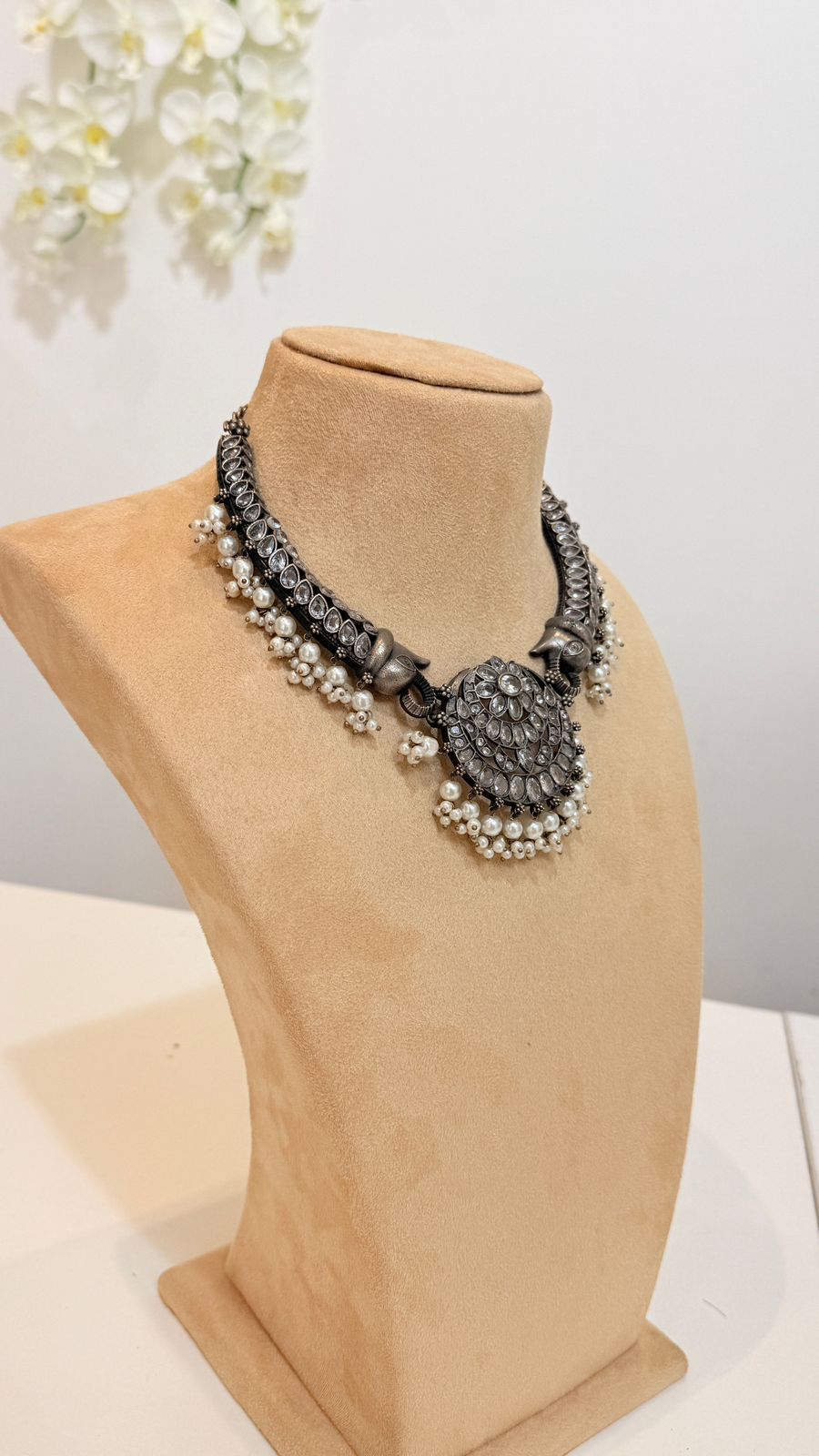 Oxidised Silver Pearl Choker Set with Floral Earrings