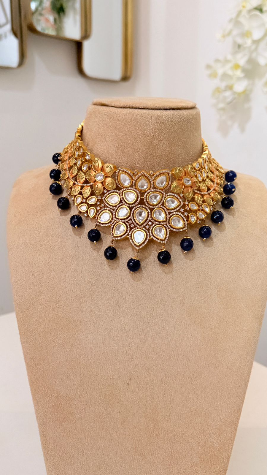 Navy Blue Kundan Choker Set with Matching Statement Earrings