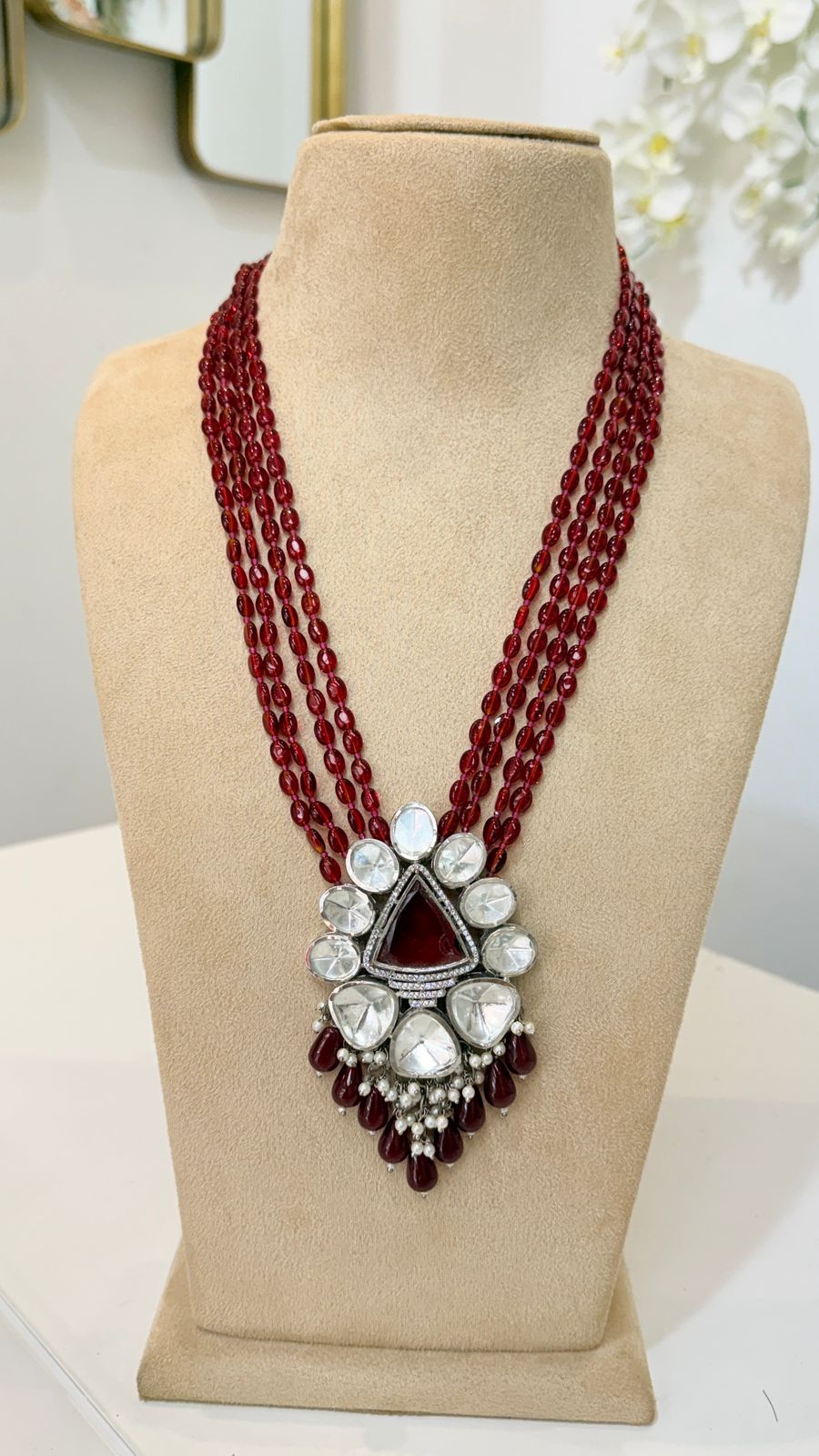 Maroon Beaded Kundan Pendant Necklace Set with Matching Earrings