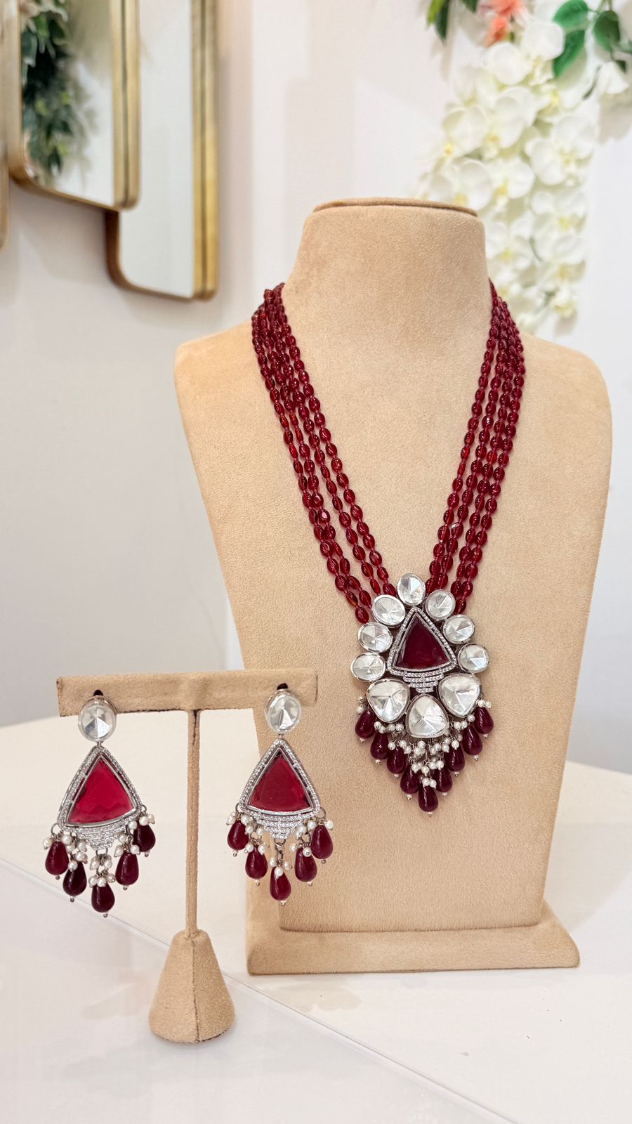 Maroon Beaded Kundan Pendant Necklace Set with Matching Earrings