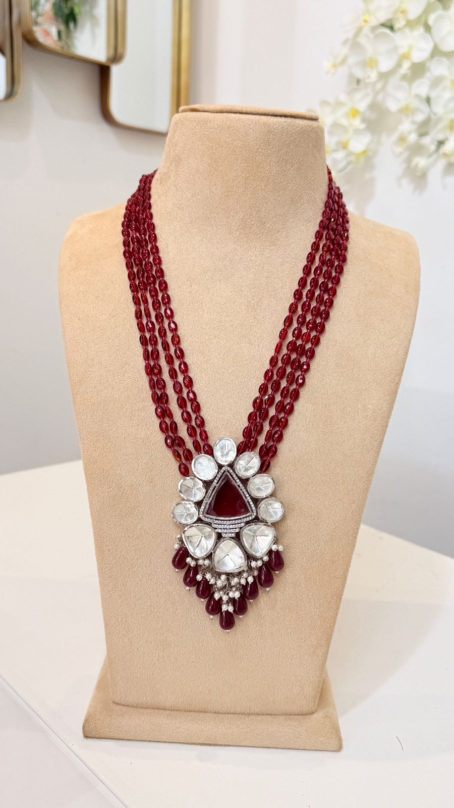 Maroon Beaded Kundan Pendant Necklace Set with Matching Earrings