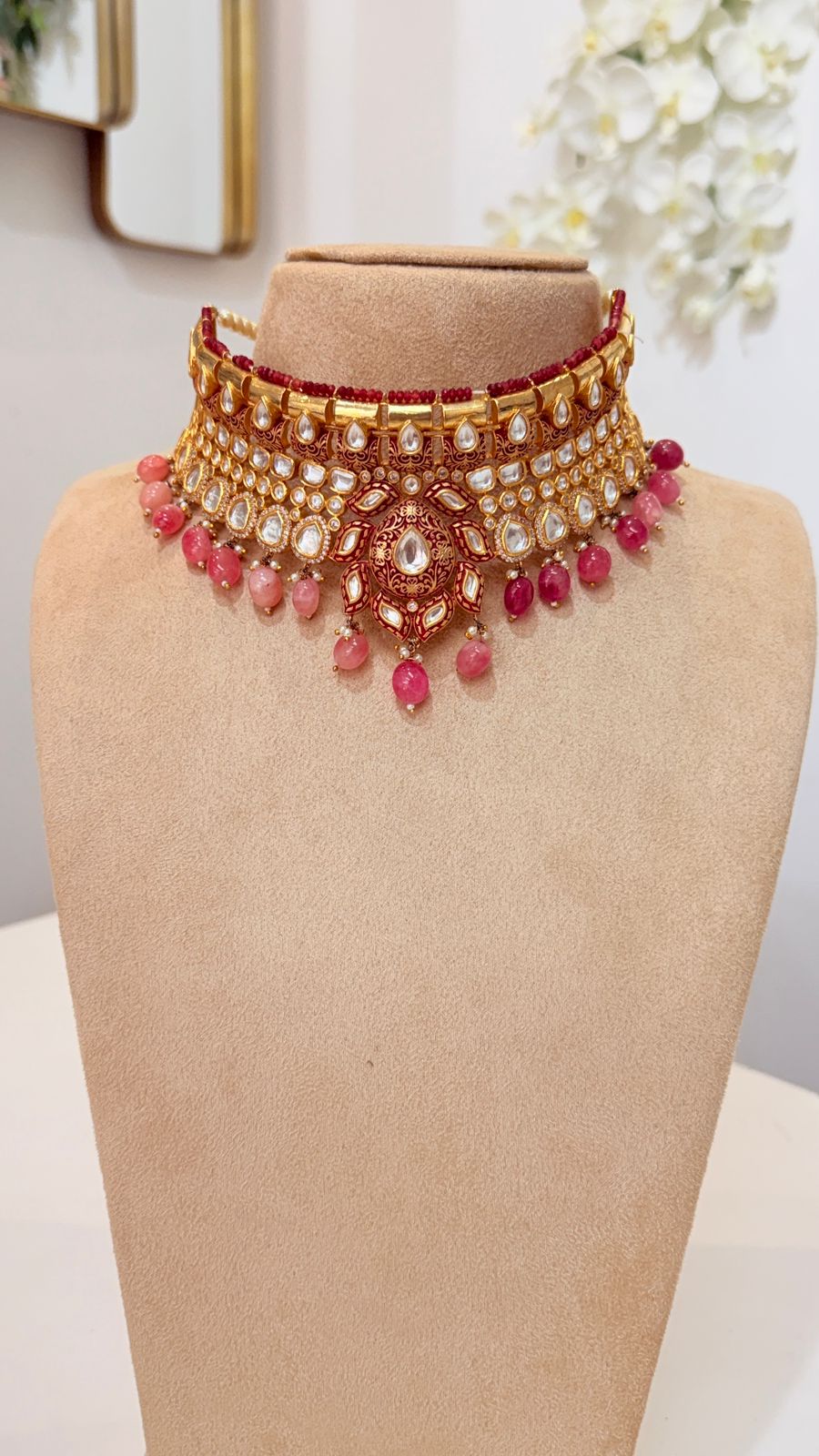 Pink Gold Kundan Choker Set with Matching Earrings