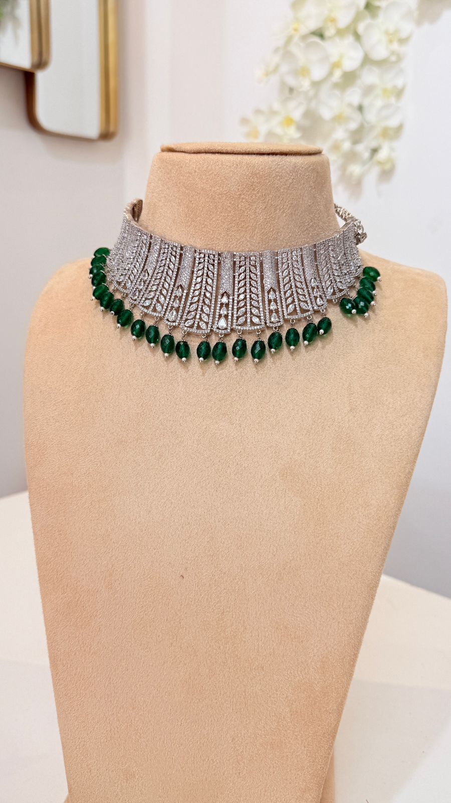 Emerald Green Silver Choker Set with Matching Drop Earrings