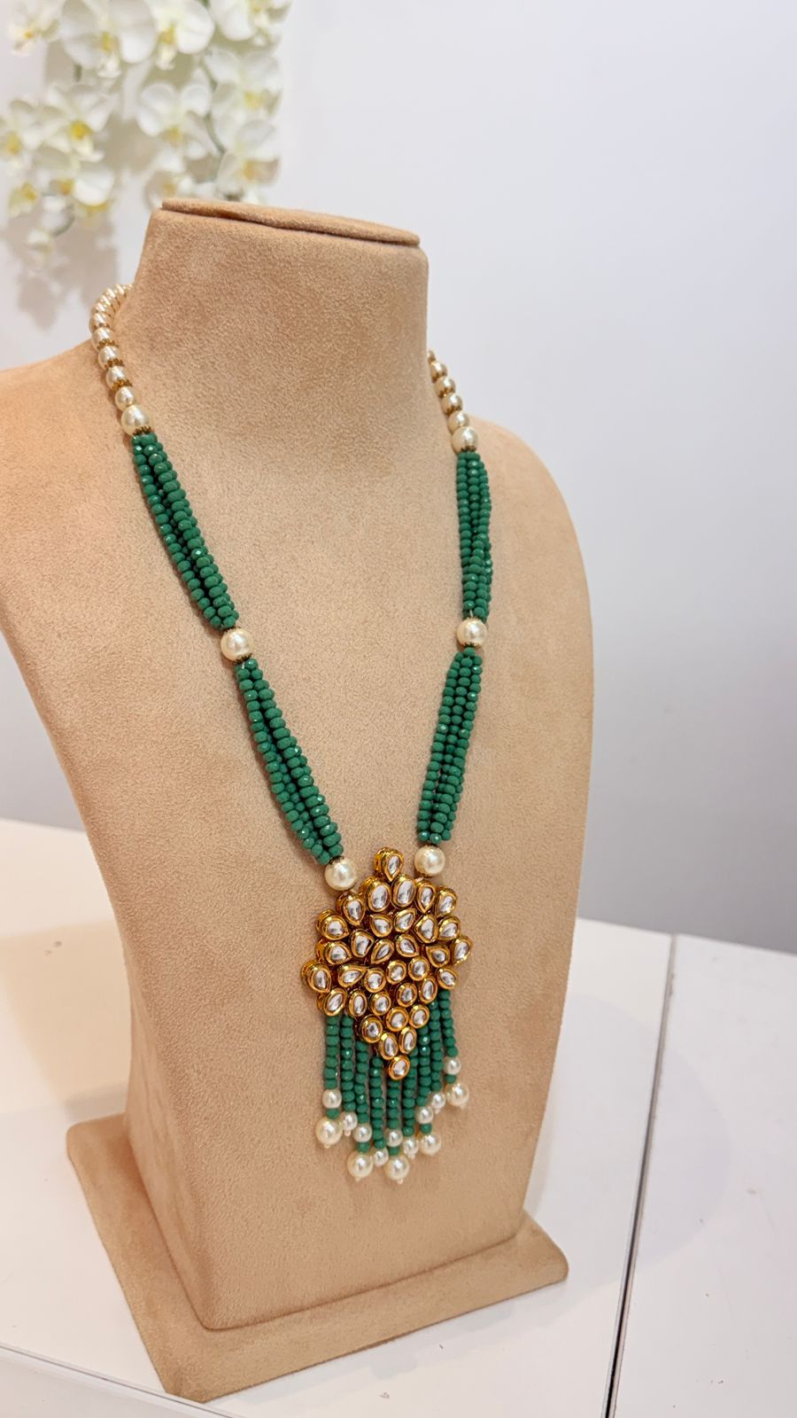 Emerald Green Beaded Kundan Tassel Necklace Set with Matching Earrings
