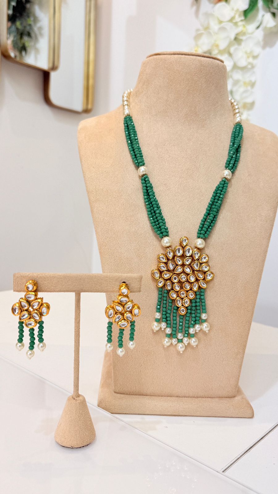 Emerald Green Beaded Kundan Tassel Necklace Set with Matching Earrings