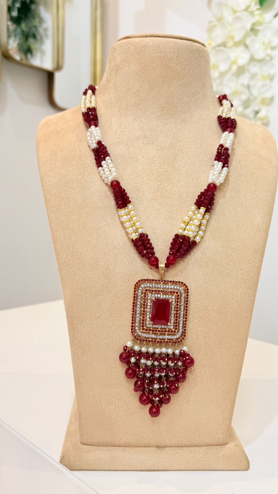 Maroon Beaded Square Pendant Necklace Set with Matching Earrings