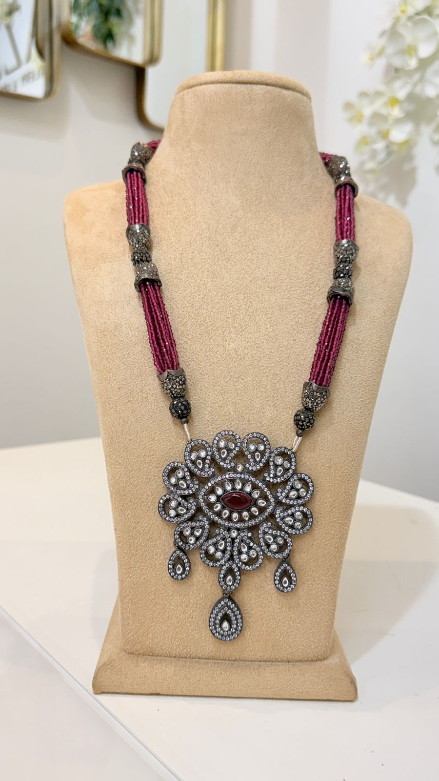 Magenta Beaded Oxidised Statement Pendant Necklace Set with Matching Earrings