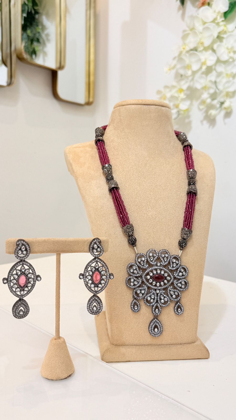 Magenta Beaded Oxidised Statement Pendant Necklace Set with Matching Earrings