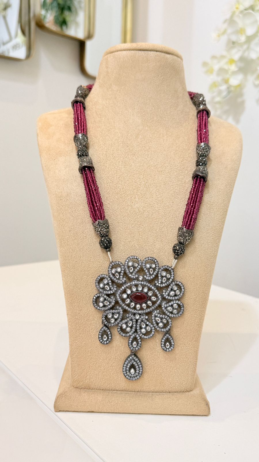 Magenta Beaded Oxidised Statement Pendant Necklace Set with Matching Earrings