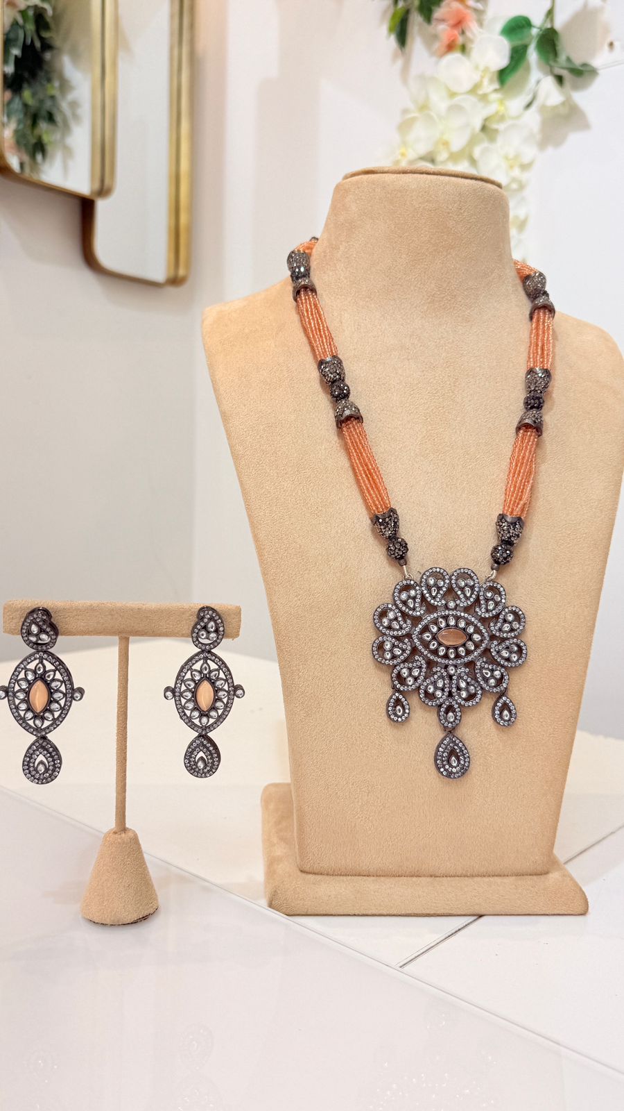Peach Beaded Oxidised Statement Pendant Necklace Set with Matching Earrings