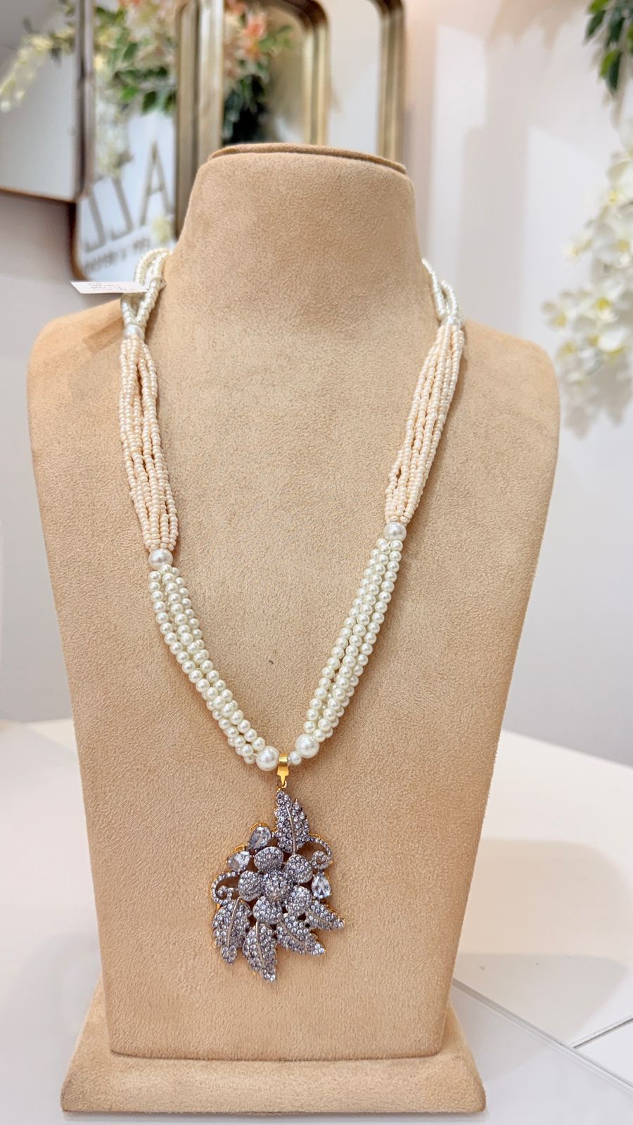 Pearl Beaded Silver Floral Pendant Necklace Set with Matching Earrings