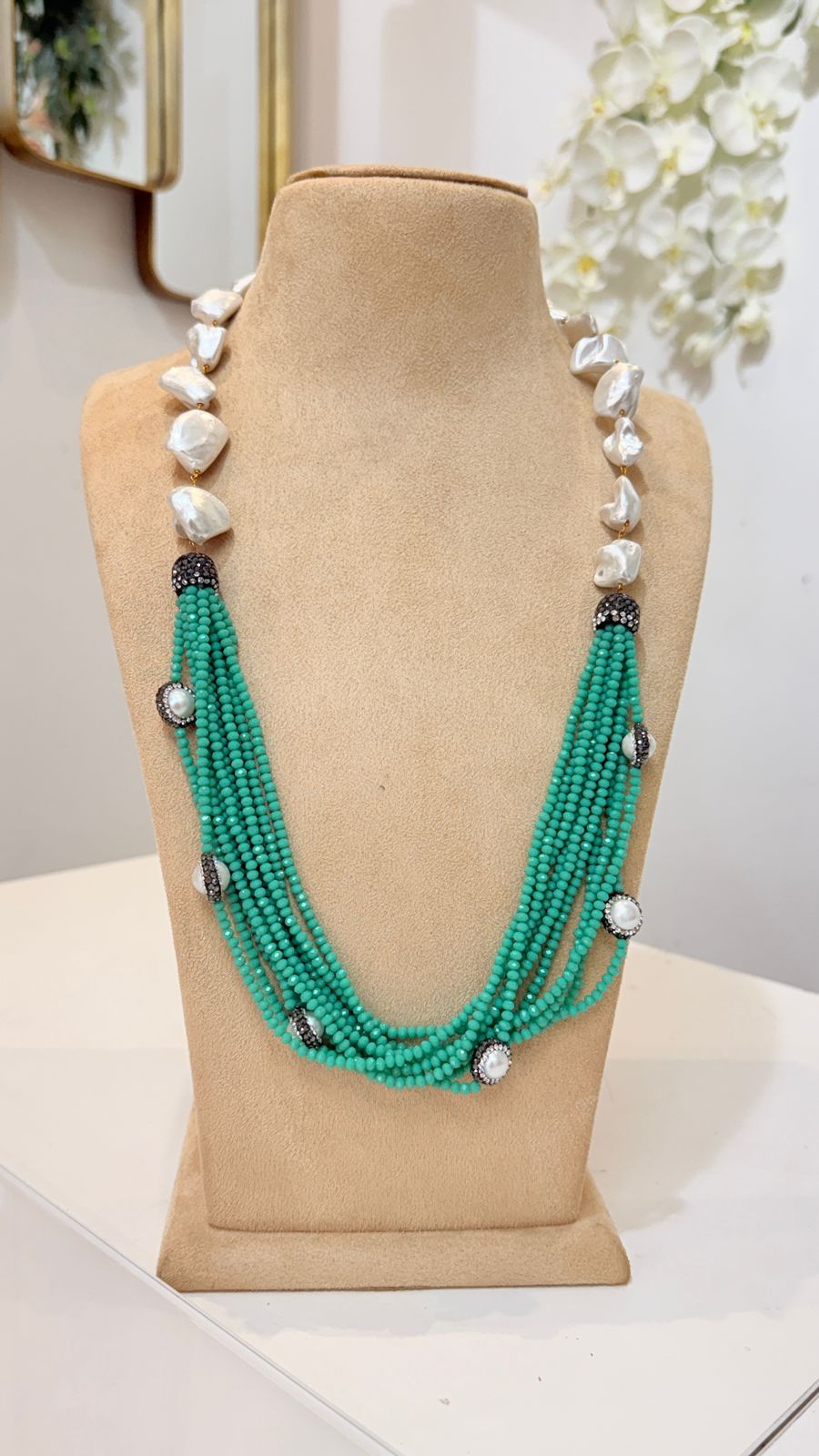 Turquoise Beaded Baroque Pearl Necklace Set with Tassel Earrings